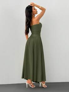 SHEIN PETITE 女款純色抓皺時尚優雅抹胸長洋裝 - 軍綠色 - 查看 2