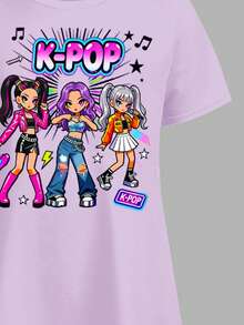 Vestido casual lindo minimalista de niña preadolescente, estilo K-Pop, color lila claro, con estampado de grupo de chicas de dibujos animados, manga corta, largo medio, para verano y escuela - Multicolor - Ver 5