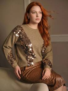 MOTF PREMIUM WOMEN'S PLUS FASHIONABLE AUTUMN/WINTER SEQUIN EMBROIDERED CREW NECK PULLOVER SWEATER - Khaki - View 7