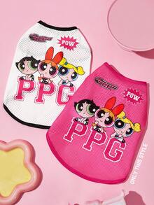 THE POWERPUFF GIRLS X SHEIN 卡通超級英雄女孩印花網眼寵物背心，透氣運動風無袖背心，適合貓咪與多尺寸狗狗 (XXS-XXXXXL)，輕量適合夏季戶外活動 - 玫紅色 - 查看 2