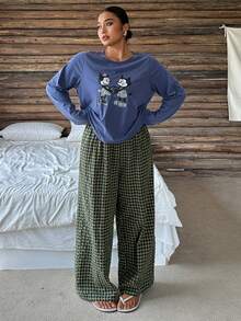 Dazy Plus Cute Pattern Print Long Pants Set Plaid Pants Plus Size Women Spring Summer Pajama Set - Blue - View 3