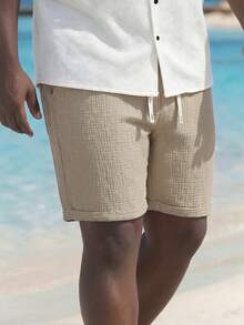 Manfinity Homme Plus Size Men's Drawstring Waist Casual Versatile Daily Wear Shorts, Holiday - Khaki - View 3