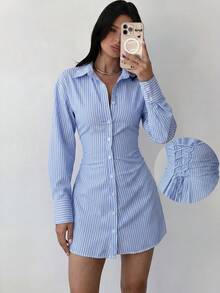 Firerie Damen Blau gestreiftes Farbblock einreihiges Kleid mit geraffter Taille, elegant, tropisch, für Büro, Brunch, Herbst - Blau - Übersicht 5