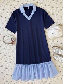 SHEIN 青少年女孩童裝海軍藍 Polo 領圖案荷葉邊下擺條紋拼接休閒洋裝，校服風格，適合學校、戶外活動、購物、日常穿著 - 彩色 - 查看 11