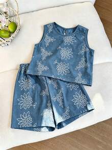 SHEIN Sparklyn 青少年女孩掛脖上衣短褲兩件套，極簡風，返校季，復古女孩套裝，花卉，休閒，寬鬆，度假 - 藍色 - 查看 4