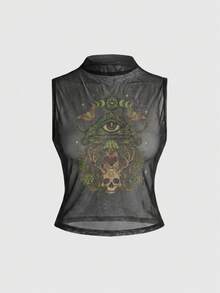 ROMWE Gothic Dark Skull Sexy Mesh Women's Top - Black - View 1