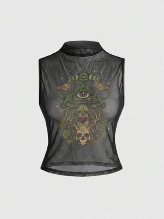 Gothic dunkles Totenkopf sexy Mesh Damen-Top