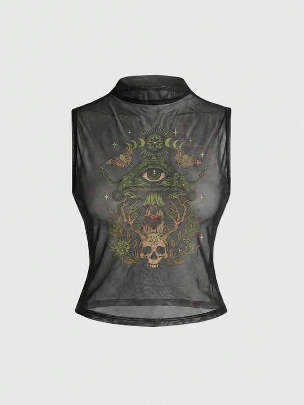 ROMWE Goth Top sexy de malla con calavera gótica oscura para mujer