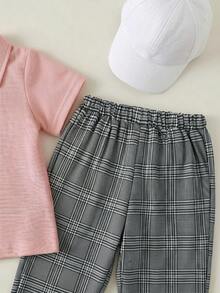 SHEIN Unisex Baby Boy/Girl Baby Boy 3pcs Spring/Summer Casual Fashion Pink Polo Shirt And Grey Plaid Long Pants And Shawl Set, Baby Boy Outfit Sets, Baby Boy Summer Clothes, Squishy, Vintage - Pink - View 6