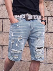 Manfinity EMRG Shorts de mezclilla casuales y versátiles para hombres, para uso diario y viajes, con bolsillo y diseño desgastado - Lavado ligero - Ver 4