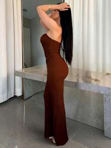 Vassilux Commute Minimalist Office Simple Satin Sexy Elegant Party Top & Long Pants Set Summer Brown - Brown - View 5