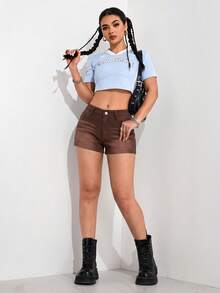SHEIN EZwear 女款休閒百搭牛仔短褲，附口袋與鈕扣，適合日常穿著 - 玫瑰紅 - 查看 5