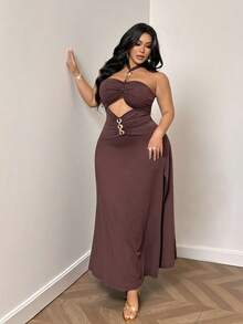 NU&NOW Sexy Plus Size Halter Neck Cold Shoulder Cutout Airy Vacation Dress For Women - Coffee Brown - View 1