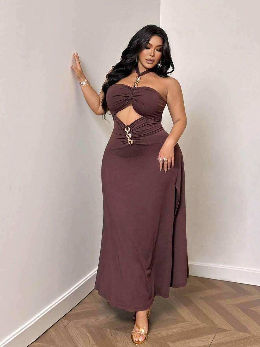 NU&NOW Sexy Plus Size Halter Neck Cold Shoulder Cutout Airy Vacation Dress For Women - Coffee Brown - View 1
