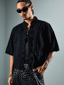 ROMWE MEN Street Life Men's Chinese Collar Denim Shirt - Black - View 1