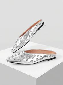 Mnmlis Zapatos de moda para mujer con punta cuadrada pequeña, remaches y diseño calado - Plateado - Ver 2