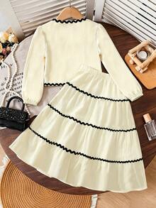 Elladie kids 2pcs Elegant French Lantern Sleeve Ruffle Butterfly Blouse Skirt Set, Fashionable Versatile For Spring Summer Autumn Winter, Vacation Party Birthday - Apricot - View 3