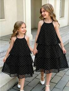 SHEIN Tween Girls' Pearl Chiffon Printed Polka Dot 3-Layer Cake Dress, Suitable For Summer Holidays - Black - View 4
