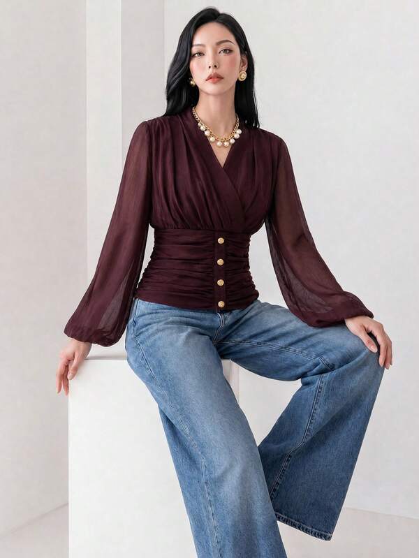 Heiryn Áo blouse nữ thanh lịch đi làm màu trơn tay lồng đèn