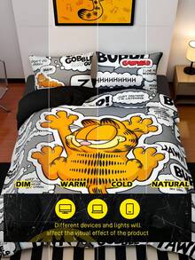 GARFIELD | SHEIN 3 件字母和卡通图案床上用品套装，拉绒面料，柔软温暖，黑色羽绒被套，适合单人/双人/大号/特大号床，适用于卧室装饰 - 灰色 - 查看 8