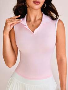 SHEIN Sports Women's Solid Color Sleeveless Minimalist Sports Polo Shirt - Multicolor - View 4