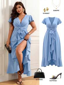 Femmeverse Vestido elegante con cuello en V y drapeado asimétrico, adecuado para fiestas y citas, talla grande para mujeres - Azul - Ver 3