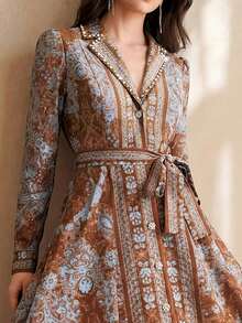Anewsta Autumn/Winter Brown Vintage Bohemian Print Tie-Front Long Dress For Women - Coffee Brown - View 5
