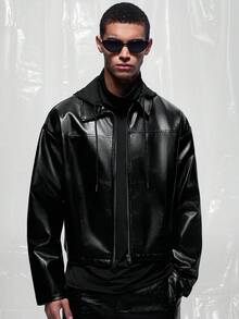 IRON GLYPH Men's Cropped Long Sleeve Leather Jacket Zip Ups Men Motorcycle Jackets Black Crop For Up Techwear Fall Winter - Black - View 4