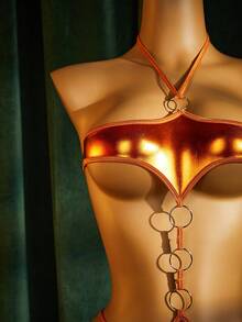 SpicyHot Orange Charming Personalized Punk Seductive PU Patchwork Open Crotch Metal Ring Shiny Women's Sexy Jumpsuit Bar Party Club Music Festival - Orange - View 3