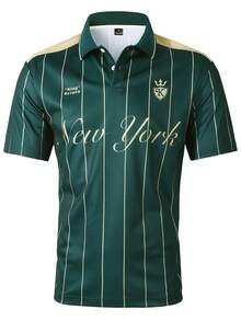 Manfinity Homme Camisa polo de moda de manga corta con estampado de rayas y letras para hombres - Verde Oscuro - Ver 5