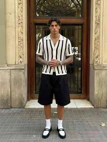 SERO LANO Old Money Men's Striped Short Sleeve Hollow-Out Single Breasted Casual Knit Top - Multicolor - View 4