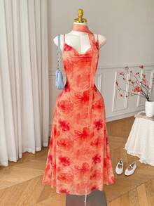 CovetEZ Plus Size Women's Elegant Floral Print Cowl Neck Spaghetti Strap Dress - Orange - View 6