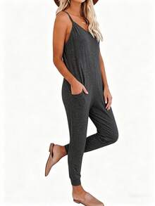 EMERY ROSE Women's Solid Color Casual Jumpsuit With Pockets - Grey - View 5
