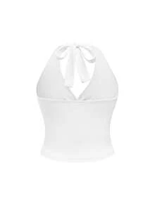 ROMWE Grunge Punk Spring/Summer Carnival Party Casual White Plus Size Leopard Print Ruched Waist Halter Neck Tank Top - White - View 2