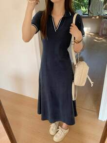 DAZY 女士V领休闲条纹中长连衣裙，适合工作、夏季穿着，衬衫裙/长裙 - 藏蓝色 - 查看 4