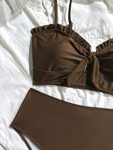 Swim Chiccia Women's Two Pieces Solid Color Slimming Adjustable Strap High-Waist Triangle Bikini Set Set, Elegant For Beach, Holiday, Party, Valentine's Day - Coffee Brown - View 5