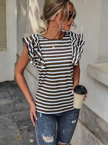 Wandoria Women's Summer Casual Striped Round Neck Cap Sleeve Tee Graphic Tees Women Tops - Multicolor - View 5