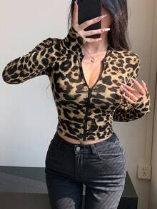 DAZY 女式豹纹拉链修身短夹克 - 棕色 - 查看 13