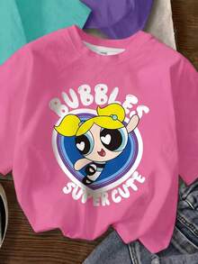 THE POWERPUFF GIRLS X SHEIN T-shirt à manches courtes décontracté pour jeune fille, col rond, imprimé lettres et dessin animé, 3 pièces/set - Multicolore - Voir 6