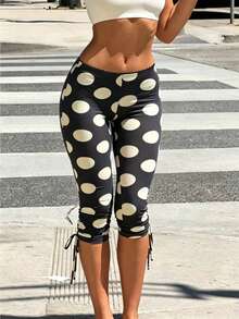 Cévolie Women's New Spring/Summer Base Layer Sexy Low Waist Black Polka Dot Print Capri Length Pants, American Casual Elastic Fabric, Sweet Spicy Gathered Hem - Blue - View 2