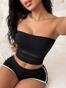 Slayform Slayform Women's Black Mesh Patchwork Cropped Sporty Bustier Top - Black - View 1