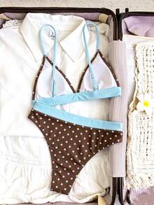 Swim Mod 女款夏季海灘波點印花性感時尚比基尼兩件式泳衣套裝，隨機印花 - 彩色 - 查看 2