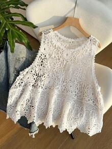 SHEIN EZwear 大尺碼女款春夏鏤空設計圓領針織背心 - 白色 - 查看 5