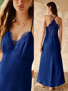 MOTF PREMIUM WOMEN'S LACE PATCHWORK SLEEP DRESS, SPRING/SUMMER - Navy Blue - View 7