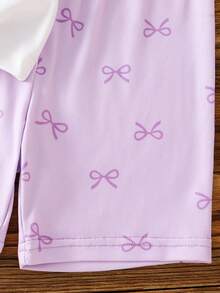 LOONEY TUNES X SHEIN Young Girl Ponytail Rabbit Graphic Short Sleeve T-Shirt And Bow Print Shorts Sweet Summer Versatile Fitted Loungewear Set - Multicolor - View 6