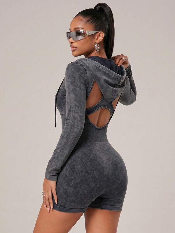 Radiana-E Women's Hooded Black & Grey Washed Backless Sports Romper  Daily Travel Sports Shorts Yoga Fitness Outdoor Lifestyle Casual Gym Sexy