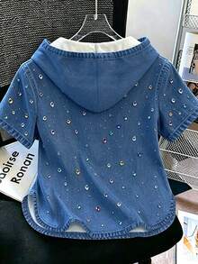 Resyla Half-Zip Hooded Short Sleeve Denim Effect Faux Rhinestone T-Shirt, Spring/Summer New Design Asymmetrical Top - White - View 2