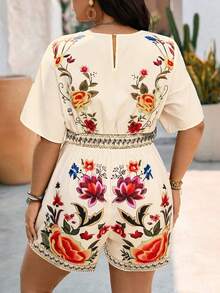 SHEIN Clasi Plus Size Women's Summer Casual Beach Vacation Embroidery Faux Floral Print Short Sleeve V-Neck Cinched Waist Loose Shorts Romper - Apricot - View 2