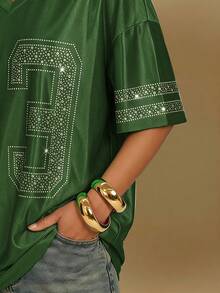 Denimoi Camiseta Deportiva Oversized de Malla con Pedrería - Verde Oliva - Ver 2