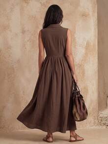 Faunlyn Women's Summer Casual 70s 2000s Solid Color Front Button Sleeveless Dress Vacation Coffee Brown - Brown - View 3